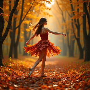 High-quality, 8k resolution, best quality, incredibly detailed, masterful lighting, dramatic low angle shot, close up. Beautiful european girl, with long auburn hair, wearing a dress made from Autumnal Maple leaves, she is dancing ballet. Forest path of autumn maple trees. The lighting is natural, filtered through the canopy above. There are no other discernible objects or individuals in the immediate, focus solely on the woman and her interaction with the environment. Facing  camera, Autumn landscape, photorealistic, detailed, 4K, elegant, Rule of thirds