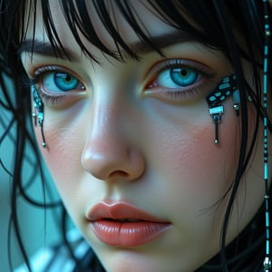 A captivating cyberpunk girl with stunningly bright blue eyes gazes intensely at the viewer, every detail carefully crafted to draw them in. This close-up, full-face portrait shines with high-definition clarity, revealing intricate cybernetic enhancements seamlessly blended with delicate human features. The vivid image showcases a visually striking and meticulously detailed character, exuding an aura of futuristic beauty and technological allure.