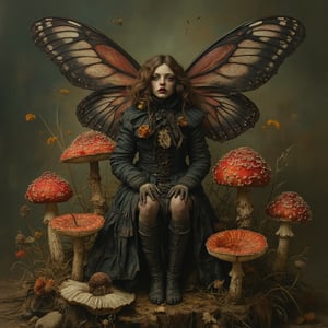 A fantasy, dead flowers, full body dark Fairy with black Gothic wings. Sitting in the middle of a ring of fly agaric mushrooms. Ultra-High Definition, Hyperrealism, hyper realistic, realistic, photorealistic, ultra detailed dark fantasy, Deviantart, intricate realistic fantasy, not cute, airbrush digital art, (ultra realistic, 5d, really realistic, ultra-realistic), style raw, sharp focus, hyperrealism, photorealistic, 16k, unreal engine