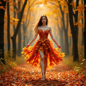 High-quality, 8k resolution, best quality, incredibly detailed, masterful lighting, dramatic low angle shot, close up. Beautiful european girl, with long auburn hair, wearing a dress made from Autumnal Maple leaves, she is dancing ballet. Forest path of autumn maple trees. The lighting is natural, filtered through the canopy above. There are no other discernible objects or individuals in the immediate, focus solely on the woman and her interaction with the environment. Facing  camera, Autumn landscape, photorealistic, detailed, 4K, elegant, Rule of thirds