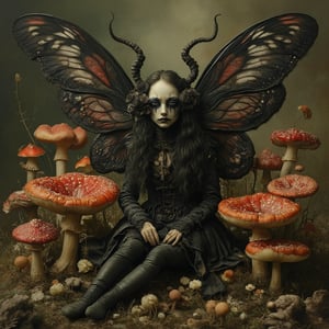 A fantasy, dead flowers, full body dark Fairy with black Gothic wings. Sitting in the middle of a ring of fly agaric mushrooms. Ultra-High Definition, Hyperrealism, hyper realistic, realistic, photorealistic, ultra detailed dark fantasy, Deviantart, intricate realistic fantasy, not cute, airbrush digital art, (ultra realistic, 5d, really realistic, ultra-realistic), style raw, sharp focus, hyperrealism, photorealistic, 16k, unreal engine