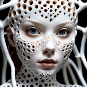 Hyperrealistic art RAW analog photo of a sculpture of a neural network organism, synthetic porcelain girl, ((mechanical, white skin:1, trypophobia:0.8, looking at viewer)), (sharp focus, hyper detailed, highly intricate, physically based unbiased rendering), natural lighting, Extremely high-resolution details, photographic, realism pushed to extreme, fine texture, incredibly lifelike, cinematic, 35mm film, 35mm photography, film, photo realism, DSLR, 8k uhd, hdr, ultra-detailed, high quality, high contrast,