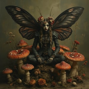 A fantasy, dead flowers, full body dark Fairy with black Gothic bat wings. Sitting in the middle of a ring of fly agaric mushrooms. Ultra-High Definition, Hyperrealism, hyper realistic, realistic, photorealistic, ultra detailed dark fantasy, Deviantart, intricate realistic fantasy, not cute, airbrush digital art, (ultra realistic, 5d, really realistic, ultra-realistic), style raw, sharp focus, hyperrealism, photorealistic, 16k, unreal engine