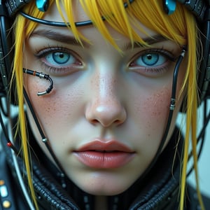 A captivating blonde cyberpunk girl with stunningly bright blue eyes gazes intensely at the viewer, every detail carefully crafted to draw them in. This close-up, full-face portrait shines with high-definition clarity, revealing intricate cybernetic enhancements seamlessly blended with delicate human features. The vivid image showcases a visually striking and meticulously detailed character, exuding an aura of futuristic beauty and technological allure.