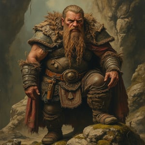 A rugged dwarf warrior, his weathered face etched with tales of battles won and lost, stands defiantly with one foot planted firmly on a moss-covered rock. His thick, braided beard and sturdy armor suggest years of combat experience, while his steely gaze hints at unwavering determination. This stunning portrait, whether a meticulously detailed painting or a striking photograph, captures the essence of strength and resilience, elevating the warrior to legendary status. Every intricate detail, from the rugged texture of his armor to the piercing intensity of his eyes, brims with a sense of authenticity and power.