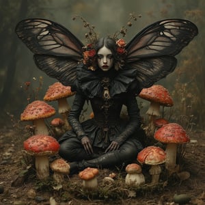 A fantasy, dead flowers, full body dark Fairy with black Gothic wings. Sitting in the middle of a ring of fly agaric mushrooms. Ultra-High Definition, Hyperrealism, hyper realistic, realistic, photorealistic, ultra detailed dark fantasy, Deviantart, intricate realistic fantasy, not cute, airbrush digital art, (ultra realistic, 5d, really realistic, ultra-realistic), style raw, sharp focus, hyperrealism, photorealistic, 16k, unreal engine