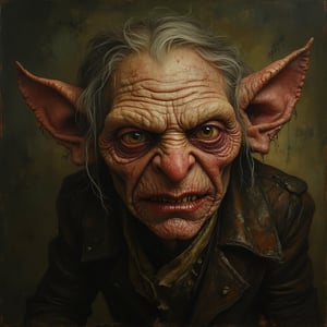 A malevolent goblin, his twisted features flicker with an otherworldly malevolence. The subject's eyes gleam with mischief, jagged teeth gleaming with malice, and a sneering grin revealing a mischievous intent. This striking portrait, likely a painting, captures the essence of dark fantasy with intricate details and a sense of eerie realism. Each brushstroke enhances the sinister beauty of this captivating and high-quality depiction, making it a truly mesmerizing piece of art.