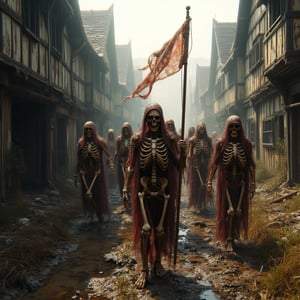 The army of the dead, all skeletons, marches through Elizabethan Engllish countryside, ancient timber buildings are rotting with decay, there are no people only skeletons of the past marching, portraying a surreal scene. The skeletons armor is in tatters, rusting and falling apart. Some carry frayed banners. Medium view. 4K, HDR, dynamic lighting, fantastical, hyperdetailed,