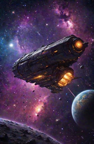 A mighty spaceship traverses galactic space, surrounded by bright stars and distant planets. Deep space with purple and blue hues, flashes and light reflections add drama. Futuristic style with high details of space objects and starry sky elements.