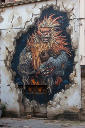 A mural depicting a mythical creature emerging from a cracked wall, blending street art with fantasy elements.