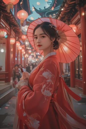 photorealism, (upper body), (portrait:1.2), KOLNB,Hanfu,Eroflo, a woman, beautiful face, red dress, japanese umbrella, bokeh, Chinese festival street, (nigh street:1.2), depth of field, columns, temple, lanterns.
Best quality, uhd, 8k, hyper detailed,Ahri