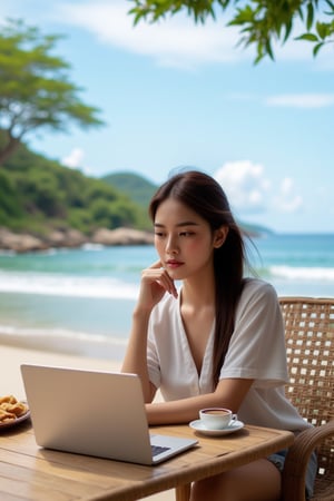 A picture of a young Thai woman wearing comfortable clothes, relaxing and working. It is located next to a beautiful beach. A laptop, cup of coffee, and snacks are on the table. Live life comfortably without any worries. Wherever you are, you can sit and work.