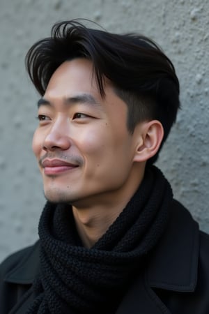 a medium-sized Asian man is depicted in a close-up shot. He is wearing a black jacket and a black scarf around his neck. His hair is short and dark, adding a touch of color to his face. His eyes are slightly open, as if he is looking to the right. His lips are a darker shade of pink, and he has a slight smile on his lips. His eyebrows are a light brown, and his lips are slightly parted. The backdrop is a light gray, with a rough texture.