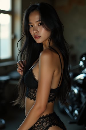 Young A beautiful, fair-skinned Thai woman with long, straight, black hair. in black lace lingerie Leaning against a class harley davidson, a thin layer of dust on the car catches the light streaming through the old garage window. The camera angle emphasizes depth by shooting through the layer of equipment in a slightly blurred area. Rim Light lighting creates mysterious shadows and only highlights are highlighted.  Create a mysterious dimension