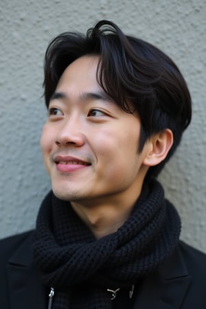 a medium-sized Asian man is depicted in a close-up shot. He is wearing a black jacket and a black scarf around his neck. His hair is short and dark, adding a touch of color to his face. His eyes are slightly open, as if he is looking to the right. His lips are a darker shade of pink, and he has a slight smile on his lips. His eyebrows are a light brown, and his lips are slightly parted. The backdrop is a light gray, with a rough texture.