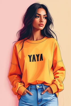 Minimalist painterly illustration of a stunning yaya, wearing casual modern clothing, on her top is written "YAYA" with underneath the text "MINIMALIST REALISTIC ILLUSTRATIONS", highly detailed, crisp linework, colorful, single gradient colored background