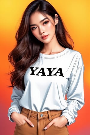 Minimalist painterly illustration of a stunning yaya, wearing casual modern clothing, on her top is written "YAYA" with underneath the text "MINIMALIST REALISTIC ILLUSTRATIONS", highly detailed, crisp linework, colorful, single gradient colored background