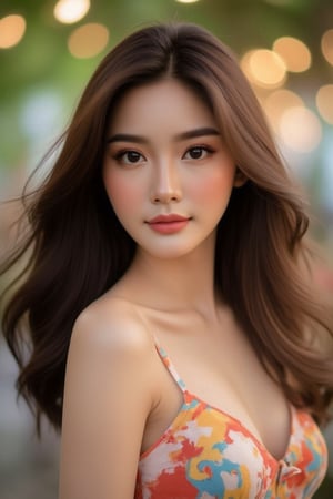 A portrait close-up of a Thai woman with a serene expression, standing outdoors with a blurred bokeh background of warm lights. She has long, wavy brown hair that gently falls over her shoulders. The woman is wearing a colorful, abstract-patterned spaghetti strap dress, which showcases a soft and natural look. I adding a subtle, festive glow to the scene. Her makeup is subtle, enhancing her natural beauty, and the overall atmosphere of the image is warm, elegant, and slightly celebratory.