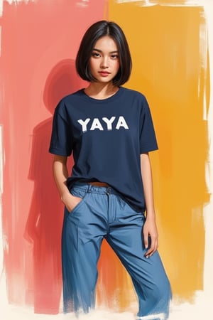 Minimalist painterly illustration of a stunning yaya, wearing casual modern clothing, on her top is written "YAYA" with underneath the text "MINIMALIST REALISTIC ILLUSTRATIONS", highly detailed, crisp linework, colorful, single gradient colored background