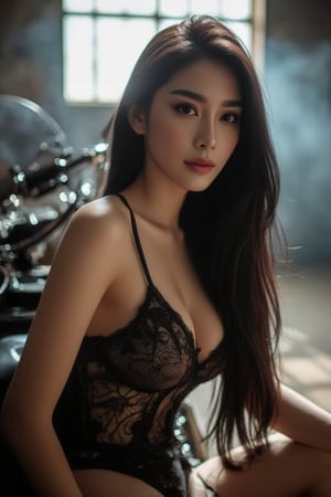 Beautiful fair-skinned Thai woman with long straight black hair, wearing black lace lingerie, leaning against a Harley-Davidson Road King Police . Sunbeams streaming through an old garage window. The camera angle emphasizes depth by shooting through a layer of equipment in a slightly blurred area. Rim lights create mysterious shadows and only emphasize the highlights, creating a mysterious dimension, 8k, extremely detailed.