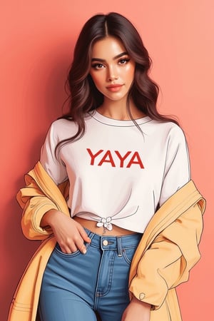 Minimalist painterly illustration of a stunning yaya, wearing casual modern clothing, on her top is written "YAYA" with underneath the text "MINIMALIST REALISTIC ILLUSTRATIONS", highly detailed, crisp linework, colorful, single gradient colored background