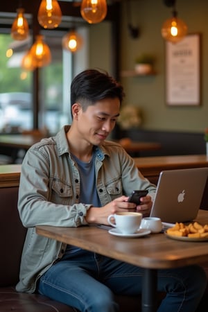 Photo of a young Thai man in casual clothes, relaxing and working in a chic, cozy coffee shop, holding a mobile phone, with a laptop, a cup of coffee and snacks on the table, living a comfortable life without worries, no matter where you are, you can sit and work.