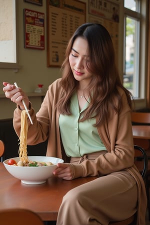 Create an image of a 26-year-old woman of half Thai, half Korean descent with long, wavy brown hair. She is wearing a pastel green blouse paired with an earth-tone brown cardigan and matching straight-cut trousers. She is sitting in a traditional Thai noodle shop with a simple, authentic atmosphere—wooden or plastic tables and chairs, Thai signs and menus on the walls, and condiments like fish sauce and chili flakes on the table. She is picking up noodles from a bowl with chopsticks. The bowl contains broth, minced pork, and meatballs. The photo is taken with an iPhone 15 Pro Max.