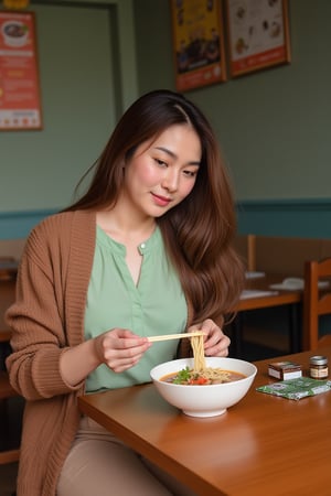 Create an image of a 26-year-old woman of half Thai, half Korean descent with long, wavy brown hair. She is wearing a pastel green blouse paired with an earth-tone brown cardigan and matching straight-cut trousers. She is sitting in a traditional Thai noodle shop with a simple, authentic atmosphere—wooden or plastic tables and chairs, Thai signs and menus on the walls, and condiments like fish sauce and chili flakes on the table. She is picking up noodles from a bowl with chopsticks. The bowl contains broth, minced pork, and meatballs. The photo is taken with an iPhone 15 Pro Max.