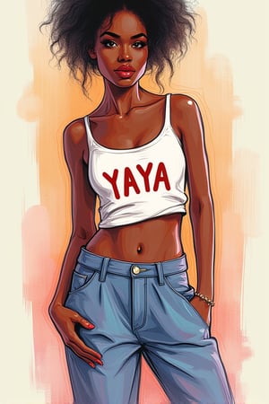 Minimalist painterly illustration of a stunning yaya, wearing casual modern clothing, on her top is written "YAYA" with underneath the text "MINIMALIST REALISTIC ILLUSTRATIONS", highly detailed, crisp linework, colorful, single gradient colored background