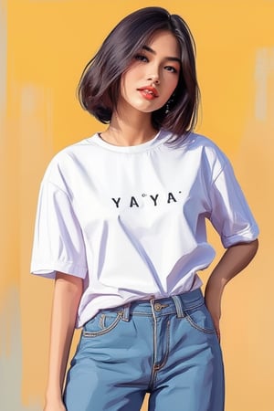 Minimalist painterly illustration of a stunning yaya, wearing casual modern clothing, on her top is written "YAYA" with underneath the text "MINIMALIST REALISTIC ILLUSTRATIONS", highly detailed, crisp linework, colorful, single gradient colored background