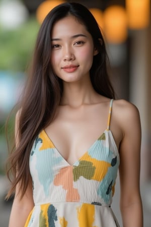 A portrait close-up of a Thai woman with a serene expression, standing outdoors with a blurred bokeh background of warm lights. She has long, wavy brown hair that gently falls over her shoulders. The woman is wearing a colorful, abstract-patterned spaghetti strap dress, which showcases a soft and natural look. I adding a subtle, festive glow to the scene. Her makeup is subtle, enhancing her natural beauty, and the overall atmosphere of the image is warm, elegant, and slightly celebratory.