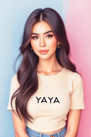 Minimalist painterly illustration of a stunning yaya, wearing casual modern clothing, on her top is written "YAYA" with underneath the text "MINIMALIST REALISTIC ILLUSTRATIONS", highly detailed, crisp linework, colorful, single gradient colored background