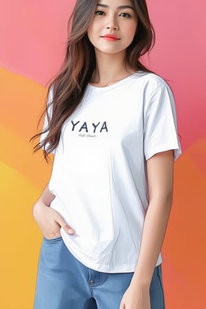 Minimalist painterly illustration of a stunning yaya, wearing casual modern clothing, on her top is written "YAYA" with underneath the text "MINIMALIST REALISTIC ILLUSTRATIONS", highly detailed, crisp linework, colorful, single gradient colored background