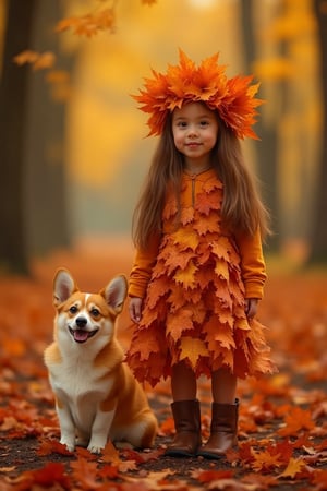 A photo of a girl in a dress made of maple leaves, wearing a crown of maple leaves, standing in an autumn forest with colorful foliage, beside her a corgi dog, soft natural light, warm tones, Canon EOS 5D, aperture f/2.8, focal length 50mm