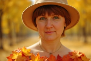 Photograph of a woman with short hair, green eyes, wearing a hat, wearing a dress made of maple leaves, bright autumn forest in the background, soft blurry background, natural light, Canon EOS 5D, aperture f/2.8, focal length 50 mm