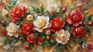 oil painting, alcohol ink effects and marbling effects, colors with thin golden line around the ink ,a bunch of vintage magnificent red and vibrant white roses framed with green viens in round thin gold
lines, detailed decorations,highly details on pastel marmar background,Alcohol Ink Kiko,Oil Painting Kiko