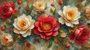 oil painting, alcohol ink effects and marbling effects, colors with thin golden line around the ink ,a bunch of vintage magnificent red and vibrant white roses framed with green viens in round thin gold
lines, detailed decorations,highly details on pastel marmar background,Alcohol Ink Kiko,Oil Painting Kiko