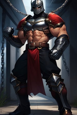 solo, gloves, 1boy, standing, full body, male focus, boots, belt, armor, mask, muscular, chain, abs, helmet, cross, pectorals, muscular male, gauntlets, bara, pelvic curtain, clenched hands