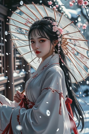 Photorealism, (upper body), (portrait: 1.2), KOLNB, white hanfu, Eroflo, woman, beautiful face with a hint of sadness, white silk dress, oil-paper umbrella, bokeh, snowing outside, (night street: 1.2), depth of field, snowflakes, wooden house, flowers.
Best quality, ultra HD, 8k, ultra detailed, ultra real