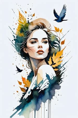 (masterpiece, high quality, 8K, high_res), 
((ink drawning and watercolor wash)), abstract illustration, 
main character is a incredibly beautiful and attractive young woman which is mentioned in the quote \And I will fly away, where I have not flown, and I will disappear into the falling leaves, if only we meet somewhere there, even if this “somewhere there” will be hell\,
extremely detailed, romantic, dramatic, elegant, sensual, by badabum27, influence by Russ Mills's artwork,artint,Flat vector art,Leonardo Style