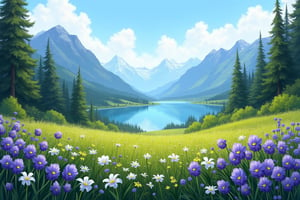 Landscape with a meadow of violets and lilies of the valley forest and mountains on a background of light blue sky without clouds
A landscape with a lake and flowers on a background of bright sky and mountains