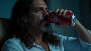 Masterpiece, Close-up of Gasty drinking a can of Coca-Cola. It is nighttime. He is an extremely attractive man, 50 years old, with very long dark brown hair, reaching to his shoulder blades, perfect body, wearing a white shirt. He is sitting comfortably in his armchair in the living room of his house. His expression denotes relaxation and calm. The dim lighting gives a feeling of intimacy and shelter, a bluish light subtly illuminates Gasty's face.