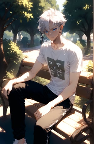 solo, looking at viewer, short hair, shirt, 1boy, sitting, white shirt, short sleeves, male focus, pants, tree, black pants, t-shirt, bench, satorugojo, white hair, blue eyes, colored eyelashes,score_9, score_8_up, score_7_up,style1,zy_bebbo,more detail XL