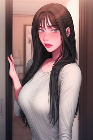 1girl, solo, long_hair, looking_at_viewer, towel, black_hair, shirt, upper_body, parted_lips, grey_shirt, long_sleeves, drying, grey_eyes, bangs, door,kang yuna