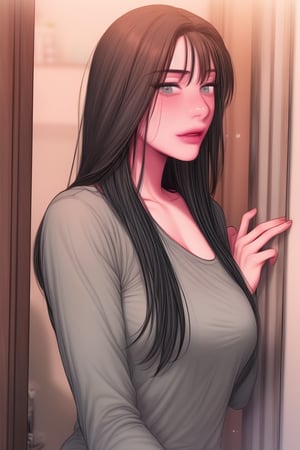 1girl, solo, long_hair, looking_at_viewer, towel, black_hair, shirt, upper_body, parted_lips, grey_shirt, long_sleeves, drying, grey_eyes, bangs, door,kang yuna