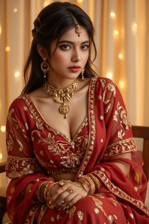 A regal Indian bride sits majestically, adorned in a stunning red transparent sari. The warm golden light illuminates her face, highlighting her porcelain-like complexion and striking features as she showcases her exquisitely crafted attire.