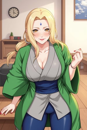 ChopioTsunade, blonde hair, long hair, low twintails, hair tie, brown eyes, forehead mark, pink lipstick, looking at viewer, female, red nails,outfit_1, green jacket, long sleeves, collarbone, grey kimono, blue obi, blue leggings,living room, standing, best smile, best pose, collarbone, 