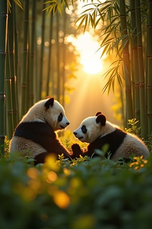   a calm wide-angle shot of a bamboo field a family of pandas resting through the foliage the sun’s rays break through the dawn the lighting is soft and natural from the rising sun the composition conveys serenity and tranquility and the innocent poses of pandas create a gentle atmosphere photo