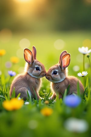 A peaceful, wide-angle shot of a field of soft, green grass, dotted with vibrant wildflowers. A group of baby rabbits are nestled together, their fur blending seamlessly with the lush surroundings. The lighting is soft and natural, with a warm, golden hue from the setting sun. The composition captures the innocence and tranquility of the scene, with the rabbits' gentle poses and the gentle sway of the grass adding to the serene atmosphere.