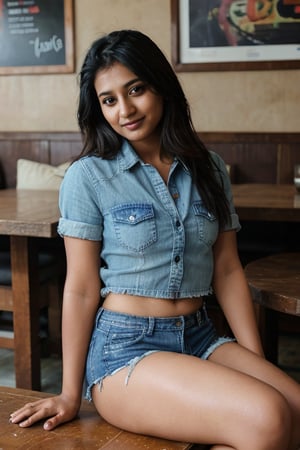 portrait of 35 years old Indian girl wearing short denim shirt, ripped denim jeans, attractive look, long blunt hair, sitting relaxed in pub, naughty smile